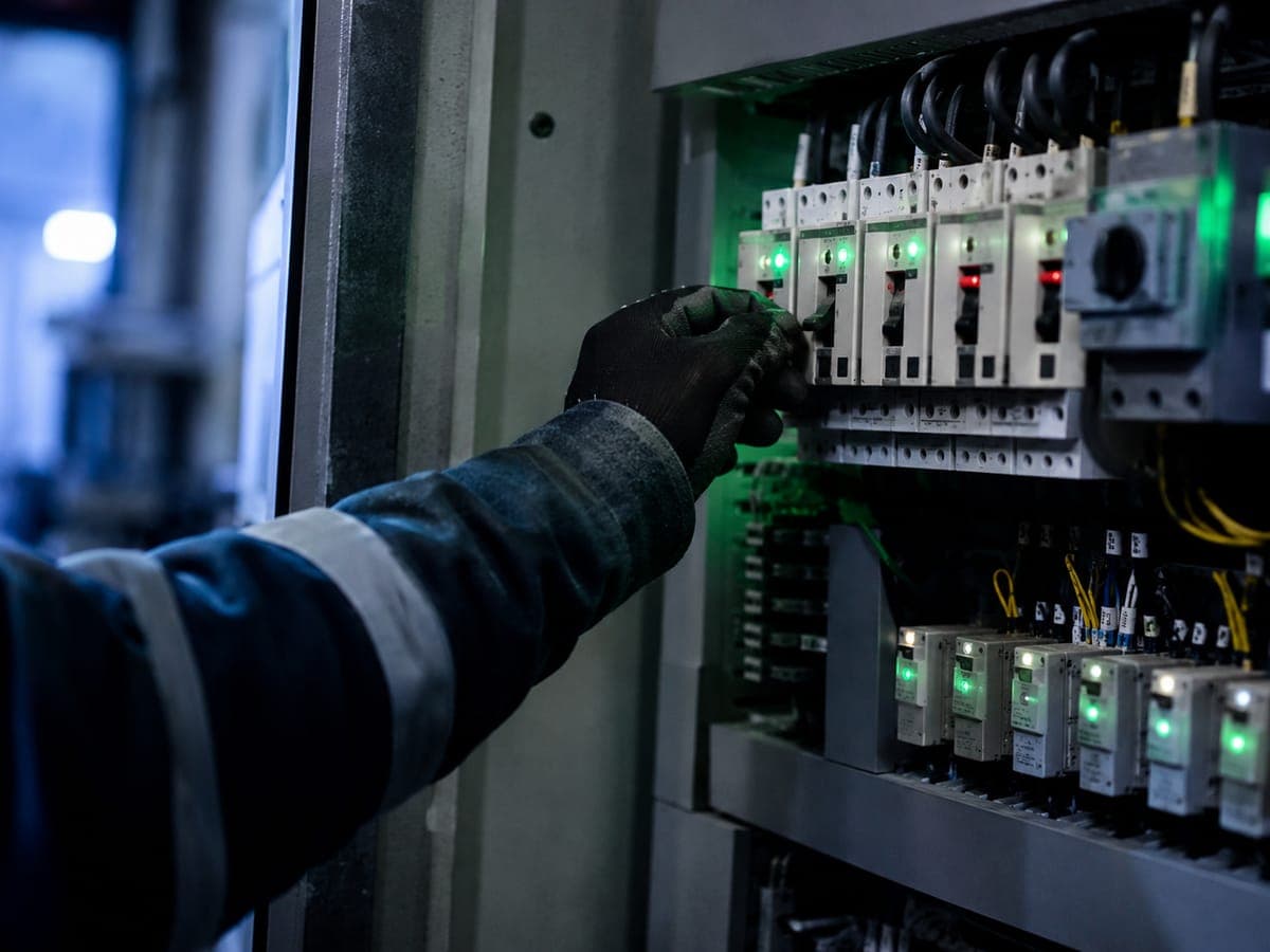 Técnico operando un tablero eléctrico industrial — energía e infraestructura
