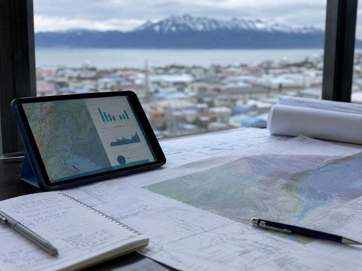 Mesa de trabajo con mapas y planos territoriales — sector público y desarrollo territorial